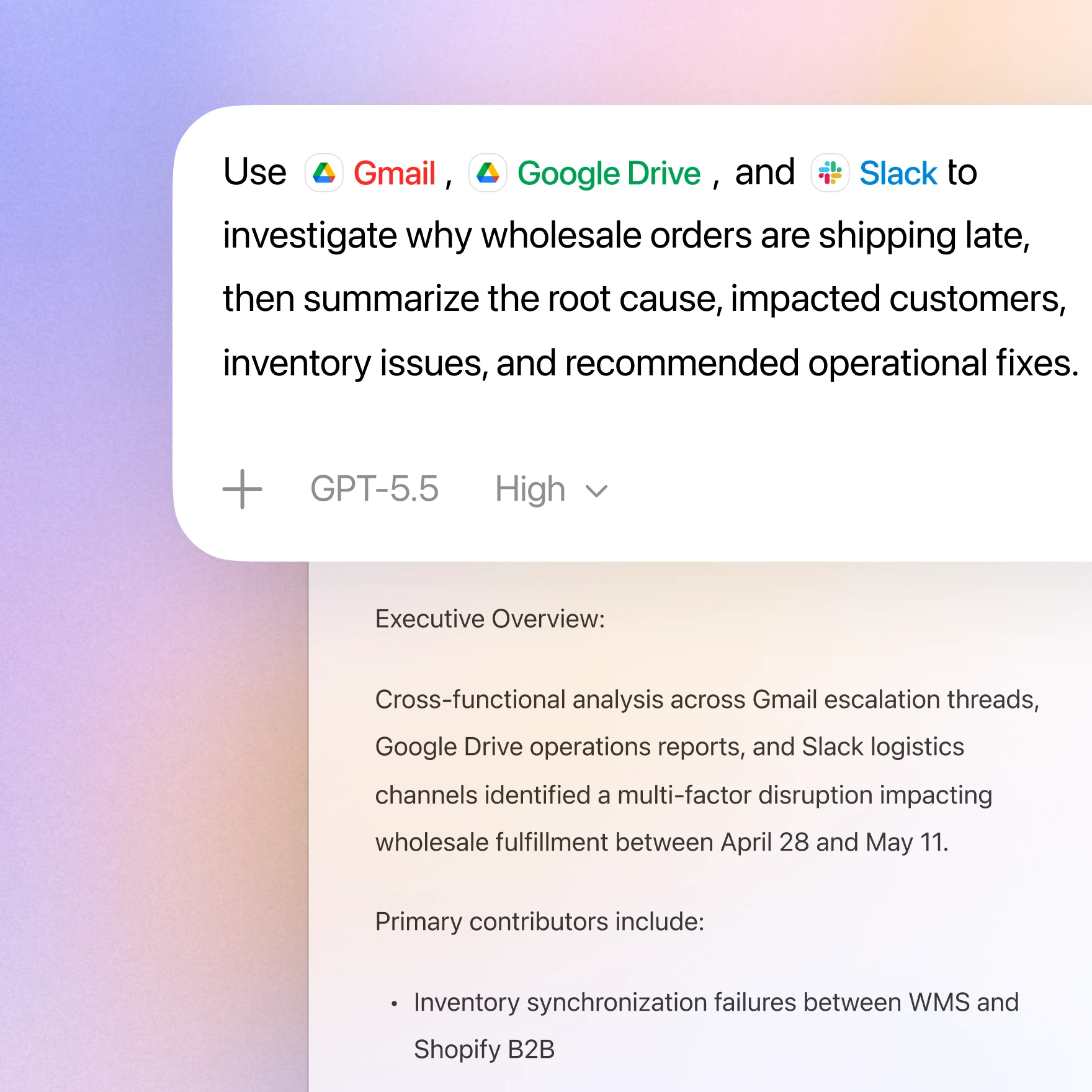 Codex prompt using Gmail, Google Drive, and Slack to investigate late wholesale orders and summarize root causes and operational fixes.