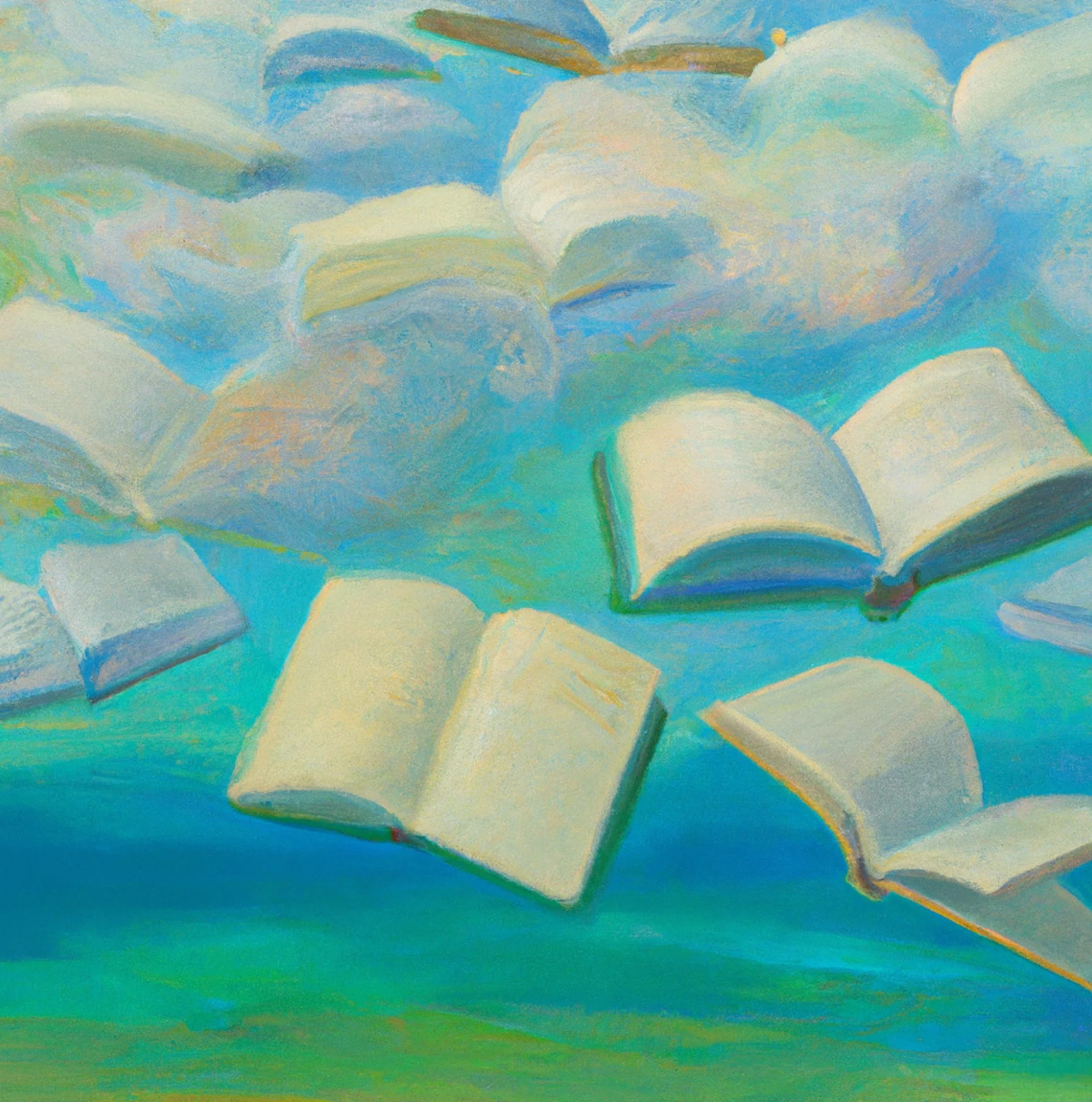 Eine abstrakte Szene mit aufgeschlagenen Büchern, die vor einem verträumten, wolkenartigen Hintergrund in Blau- und Grüntönen schweben. Die Bücher scheinen durch den Himmel zu schweben und wecken ein Gefühl von Fantasie und Freiheit beim Lernen oder Geschichtenerzählen.