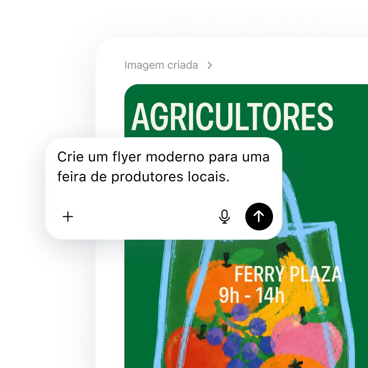 Prompt para criar um flyer moderno de feira comunitária de produtores, sobreposto a um pôster verde gerado com produtos coloridos e detalhes do evento.