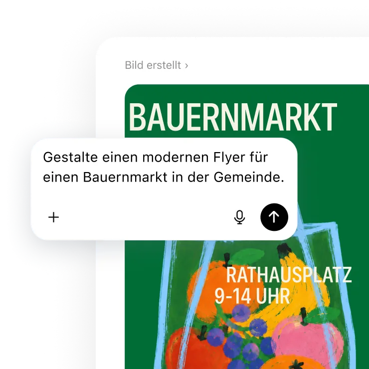 Prompt zum Entwerfen eines Flyers für einen modernen lokalen Bauernmarkt vor einem generierten grünen Poster mit buntem Obst und Gemüse sowie Veranstaltungsdetails.