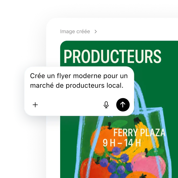 Prompt pour concevoir un flyer moderne pour un marché de producteurs local, superposé à une affiche verte générée présentant des produits colorés et les détails de l’événement.
