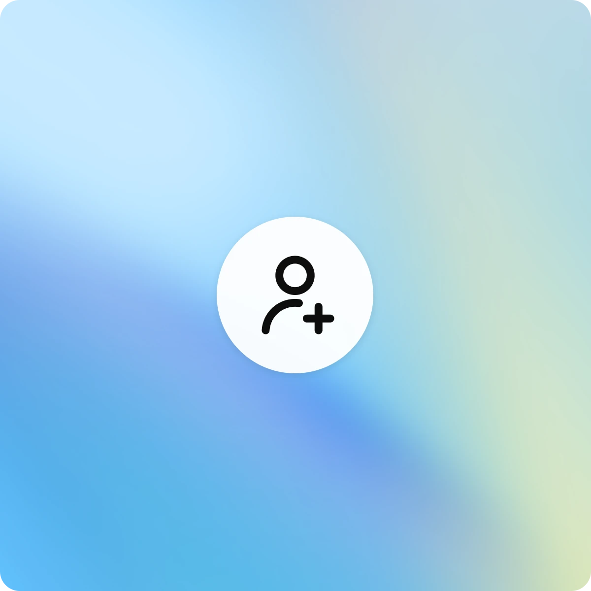 A white circular icon showing a person with a plus sign, centered on a blue-green gradient background.
