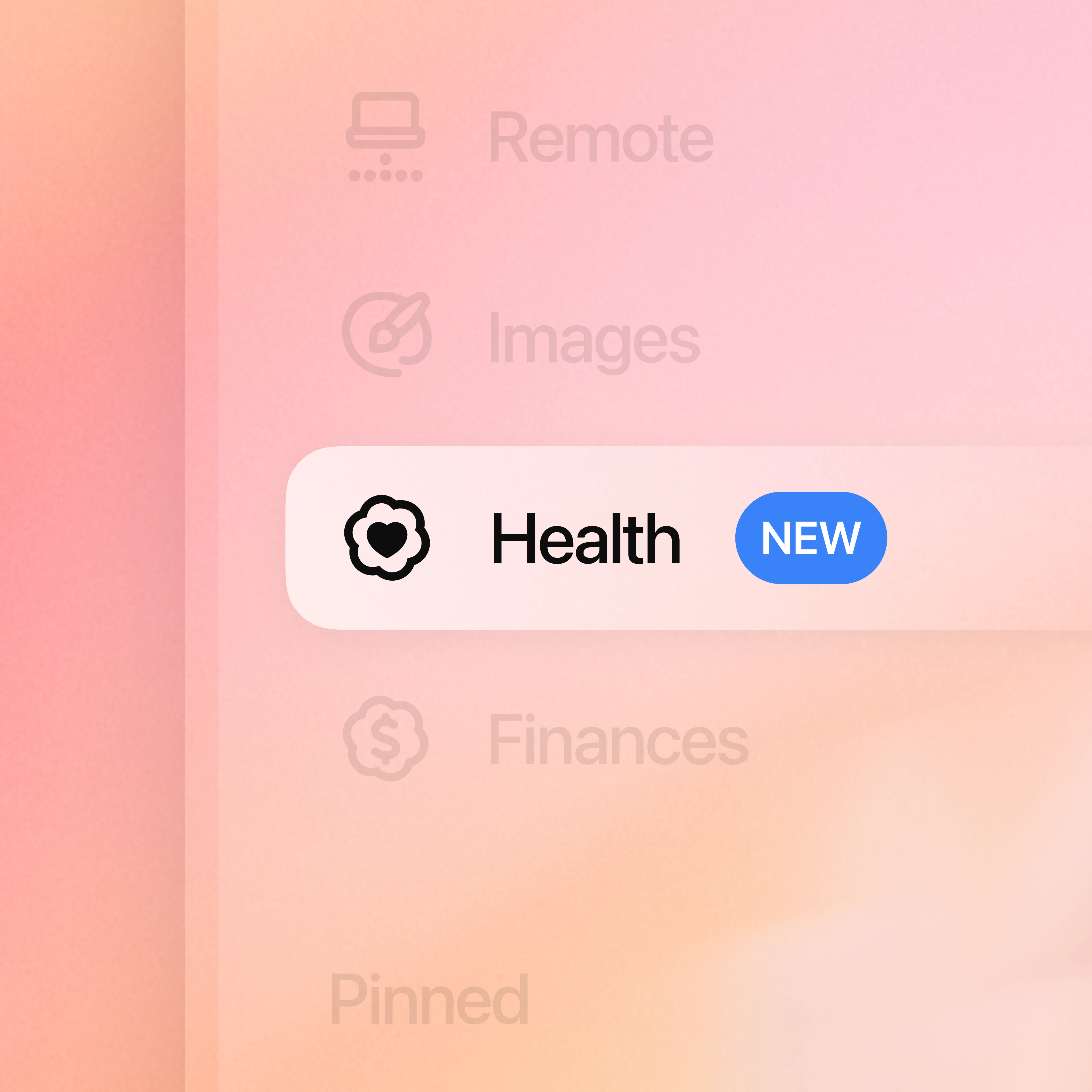 ChatGPT sidebar showing the Health option selected with a New badge.