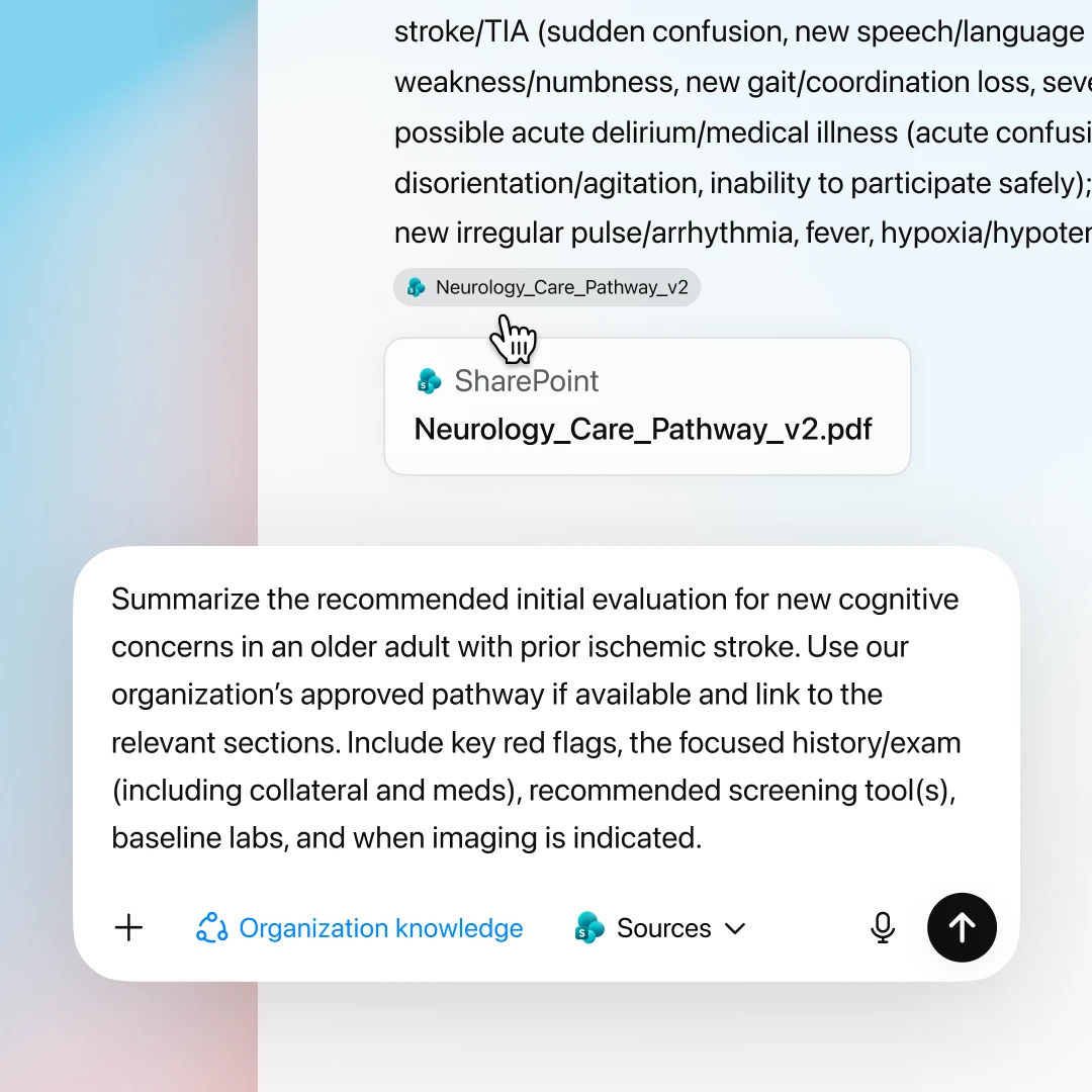 ChatGPT interface referencing an organizational neurology care pathway PDF while prompting for an initial evaluation plan for cognitive concerns after prior ischemic stroke.