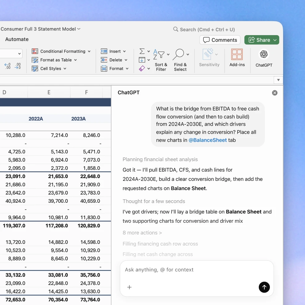 Screenshot of a spreadsheet with financial data alongside the ChatGPT sidebar. The spreadsheet shows rows of figures labeled by year, while ChatGPT analyzes the table and explains the largest change in EBITDA between two years, summarizing the calculation and reasoning in the chat panel.
