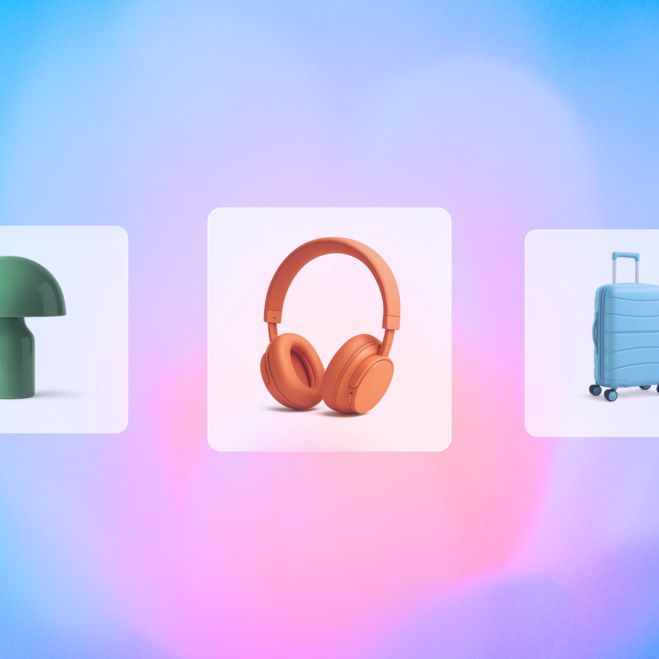 Three product images spaced apart on a colorful gradient: a green mushroom-shaped lamp, orange wireless over-ear headphones, and a blue rollaboard suitcase.