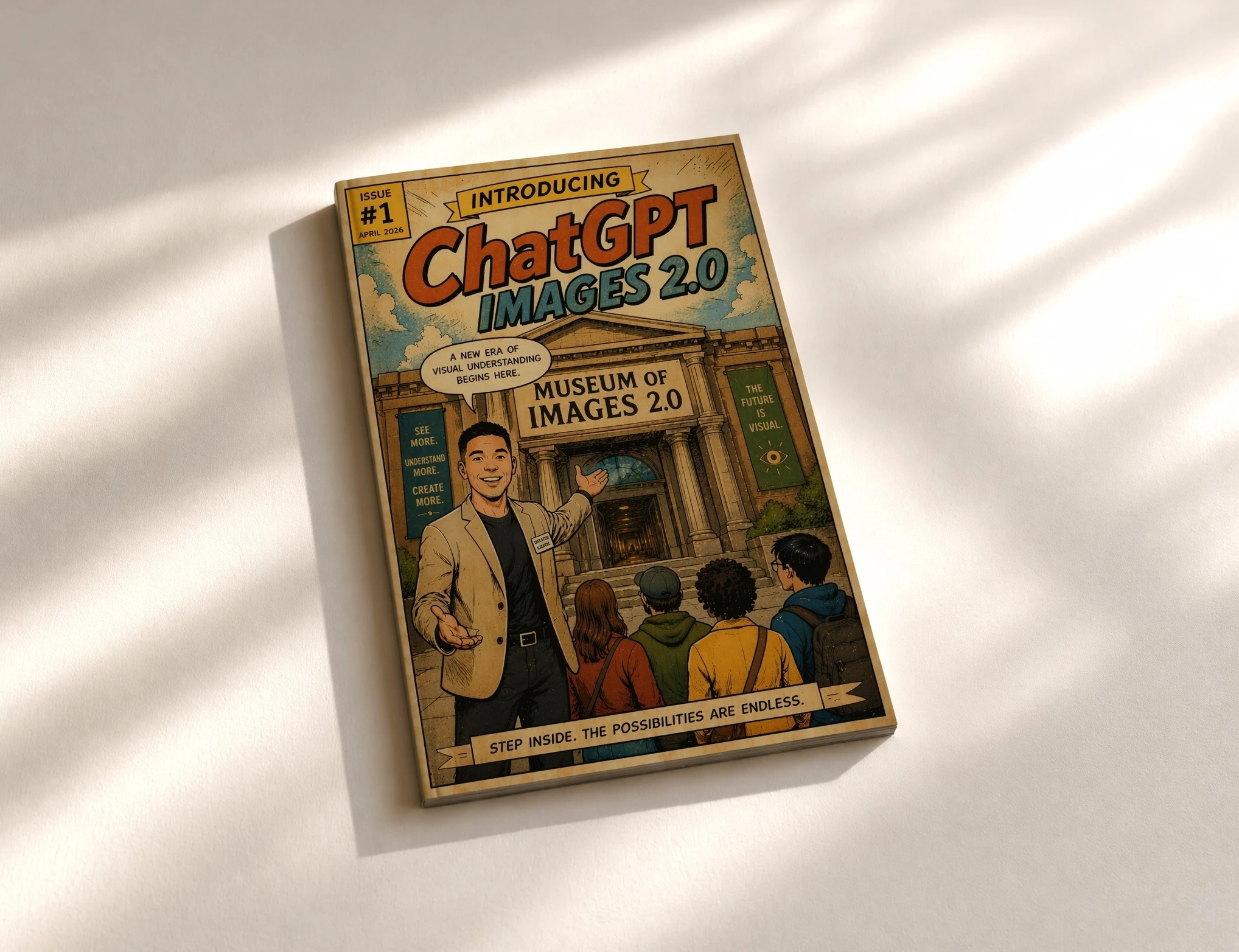 Comic-style magazine cover on a white surface titled “Introducing ChatGPT Images 2.0.” The illustration shows a guide welcoming a group into a grand museum labeled “Museum of Images 2.0,” with banners about visual understanding and creativity.