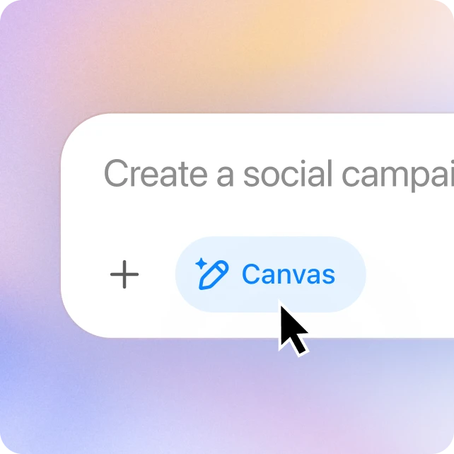 A UI snippet with the text “Create a social campaign” and a clickable “Canvas” button highlighted in blue, accompanied by a cursor pointer. The background features a soft pastel gradient of pink, orange, and lavender.