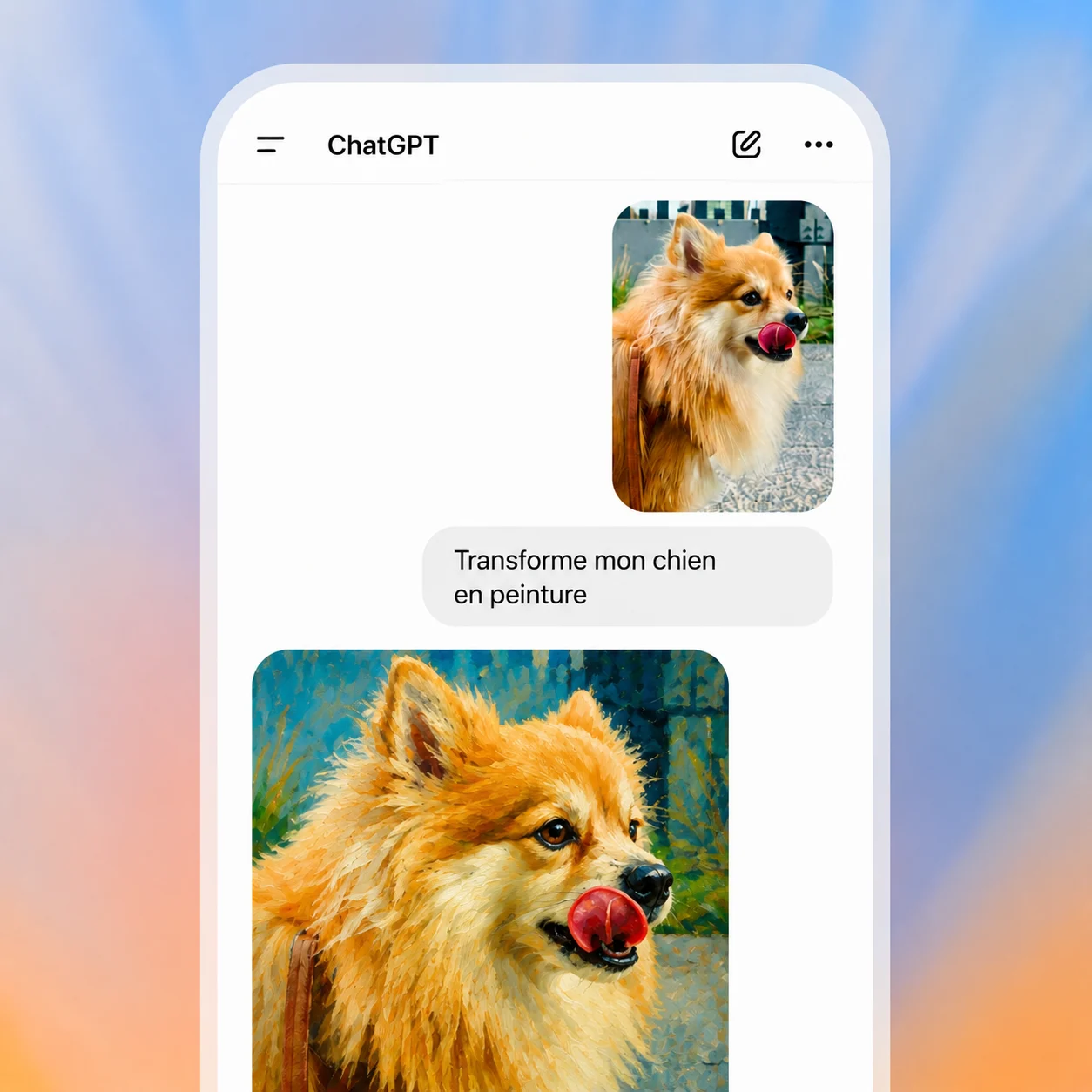 Capture d’écran de l’application mobile ChatGPT, montrant la génération d’une image représentant un tableau de chien.