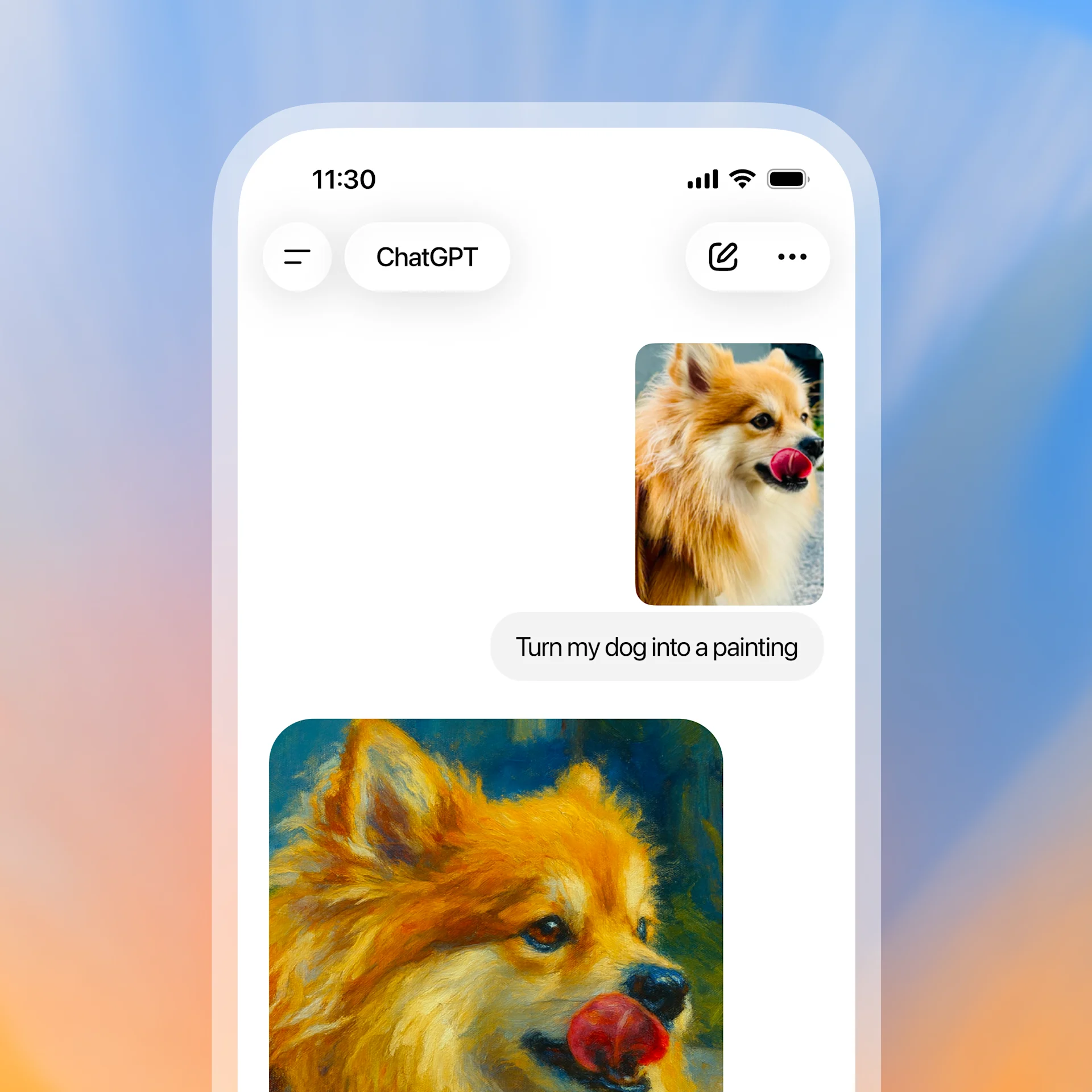 Screenshot of the ChatGPT mobile app, depicting an image generation of a dog painting.