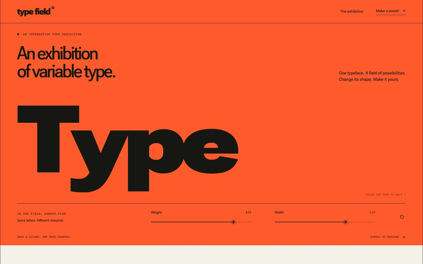 Type Field website preview with an orange background, oversized black type, and weight and width controls.