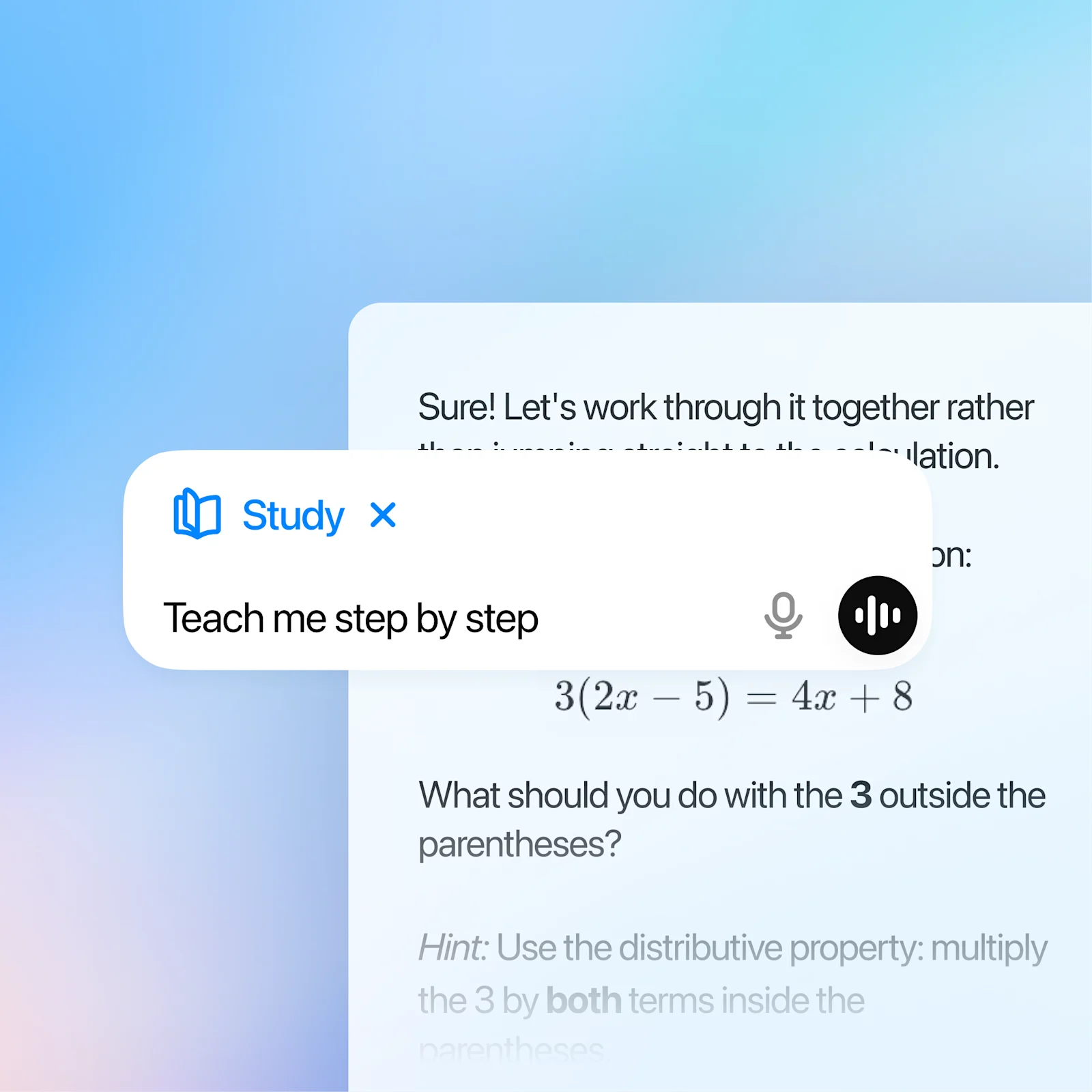 ChatGPT Study mode guiding a student through an algebra problem step by step.