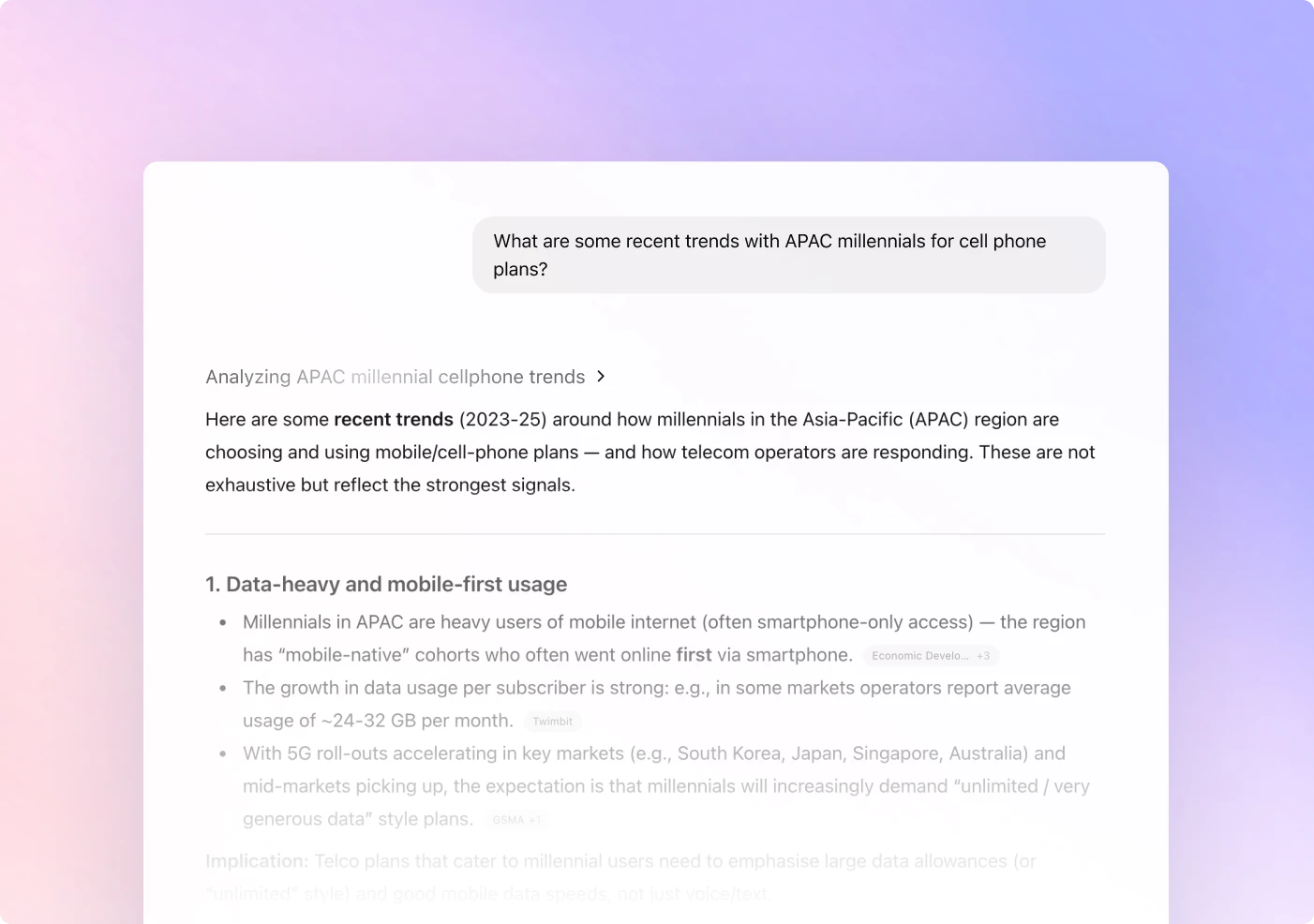 ChatGPT interface analyzing market trends for APAC millennials’ cellphone plans, featuring detailed text about data-heavy mobile use, 5G growth, and telecom plan implications, displayed on a soft pastel background.