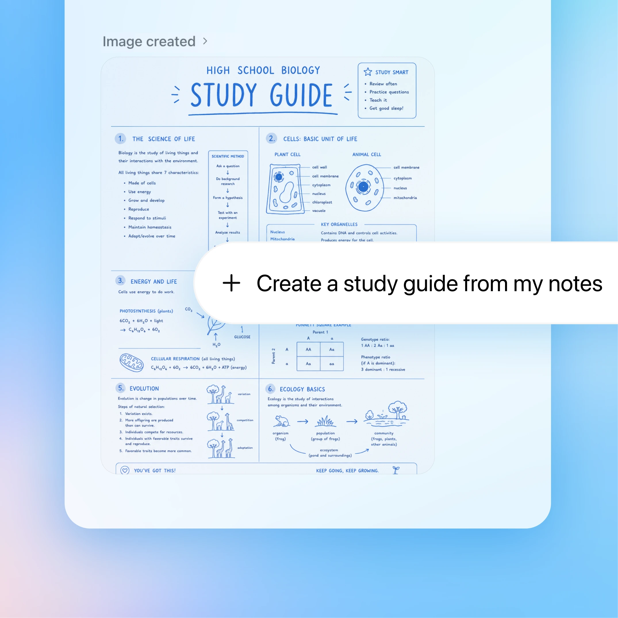 ChatGPT mobile screen showing an image-generated high school biology study guide in blue ink style, with sections on cells, energy, evolution, and ecology. A large prompt overlay says “Create a study guide from my notes,” with a plus icon at the left.