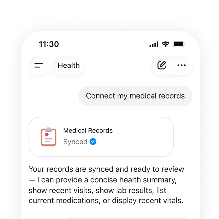 Mobile health chat showing medical records successfully synced and ready to review for summaries, visits, lab results, medications, and vitals.