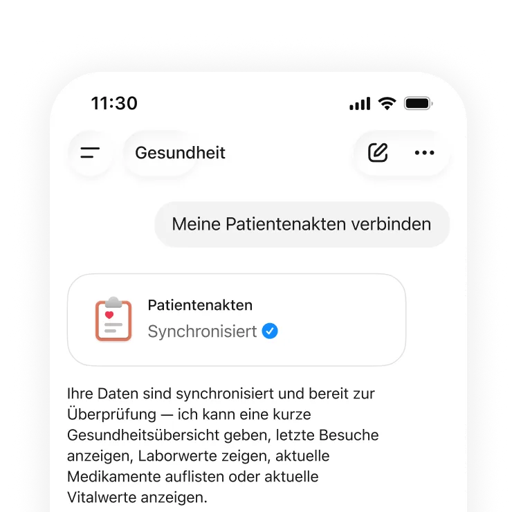 Mobiler Gesundheitschat, der anzeigt, dass medizinische Daten erfolgreich synchronisiert wurden und zur Durchsicht von Zusammenfassungen, Besuchen, Laborergebnissen, Medikamenten und Vitalwerten bereitstehen.
