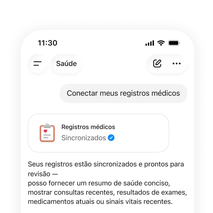 Chat de saúde no celular mostrando prontuários sincronizados com sucesso e prontos para revisar resumos, consultas, resultados de exames, medicamentos e sinais vitais.