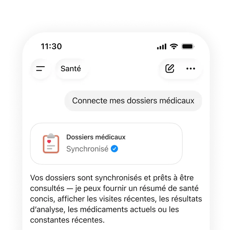 Conversation sur la santé sur mobile montrant des dossiers médicaux correctement synchronisés et prêts à être consultés : résumés, visites, résultats d’analyses, traitements et constantes vitales.
