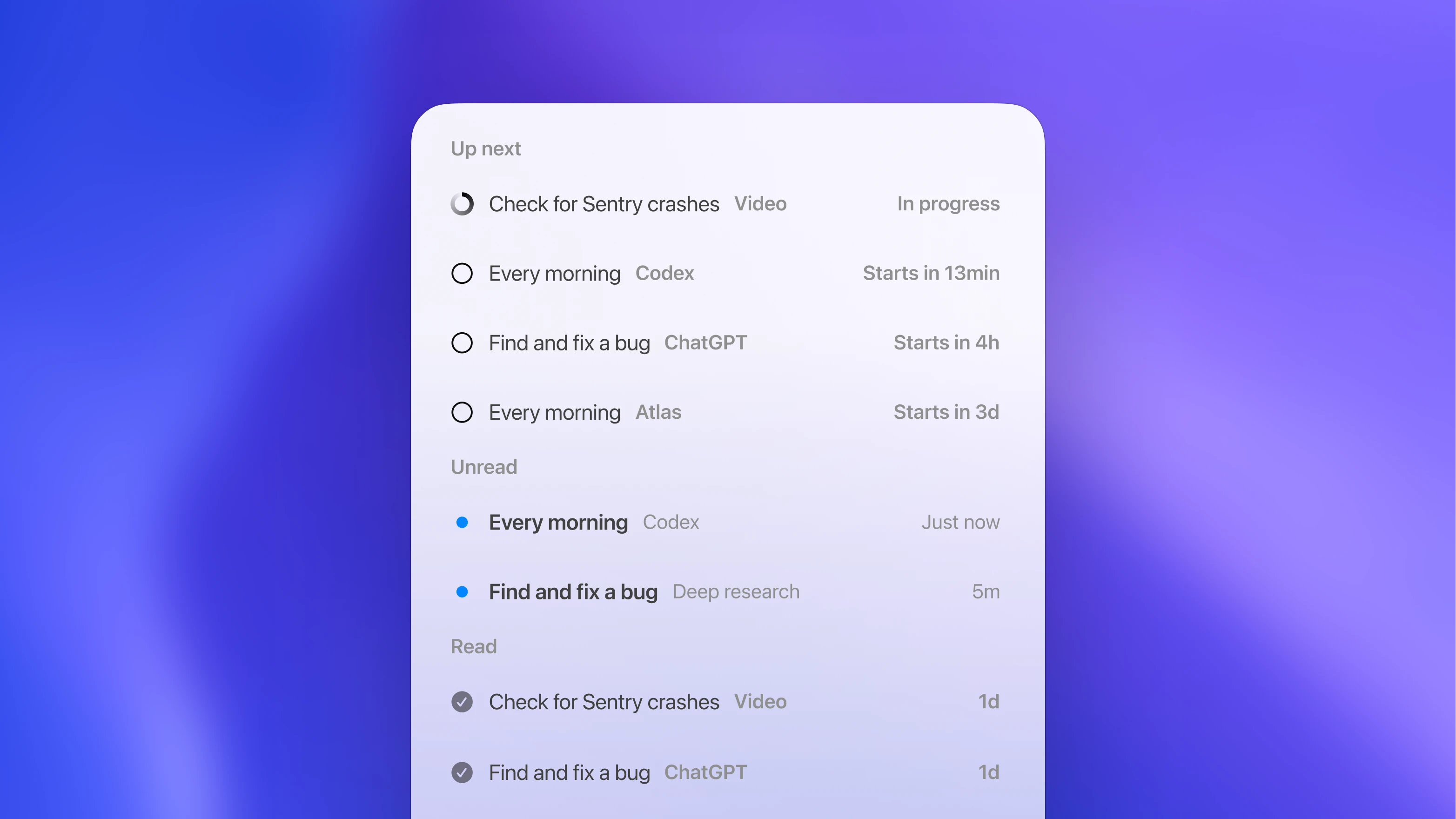 A task list with three sections: Up next shows four tasks with statuses and start times; Unread shows two tasks marked with blue dots and recent times; Read shows two completed tasks with checkmarks and days since done.