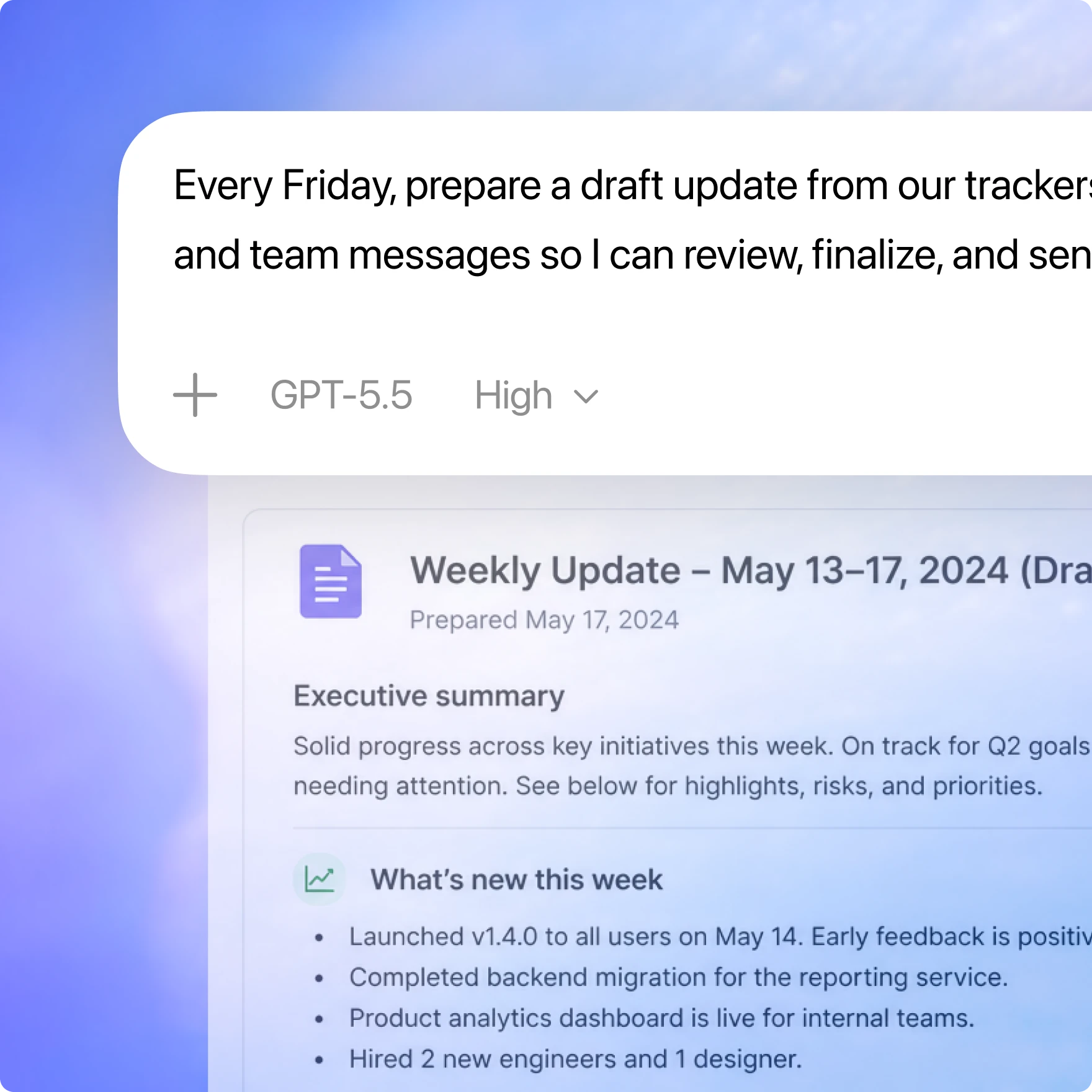 Codex prompt card for scheduling and automating tasks, such as drafting a team update based on various inputs
