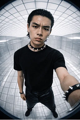 ภาพพอร์ตเทรตสไตล์ล้ำยุคที่มีความสว่างและคอนทราสต์สูง ถ่ายด้วยกล้องฟิล์ม Hasselblad ขนาดกลาง โดยใช้เลนส์ฟิชอายมุมกว้างพิเศษและแฟลชตรงที่มีความเข้มสูง พื้นที่ถูกสร้างขึ้นจากแผ่นพื้นสีขาวเงาที่สะท้อนแสง และเพดานสีขาวแบบตารางที่ให้แสงสว่างอย่างสม่ำเสมอทั่วทั้งบริเวณ ฉากนี้ให้ความรู้สึกเหมือนอยู่ในคลินิก แนวไซไฟ และมินิมอล