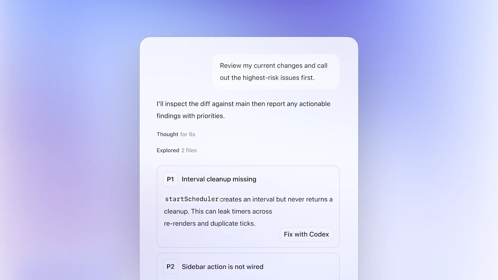 Codex interface showing review and quality-focused engineering work with supporting panels on a gradient background.