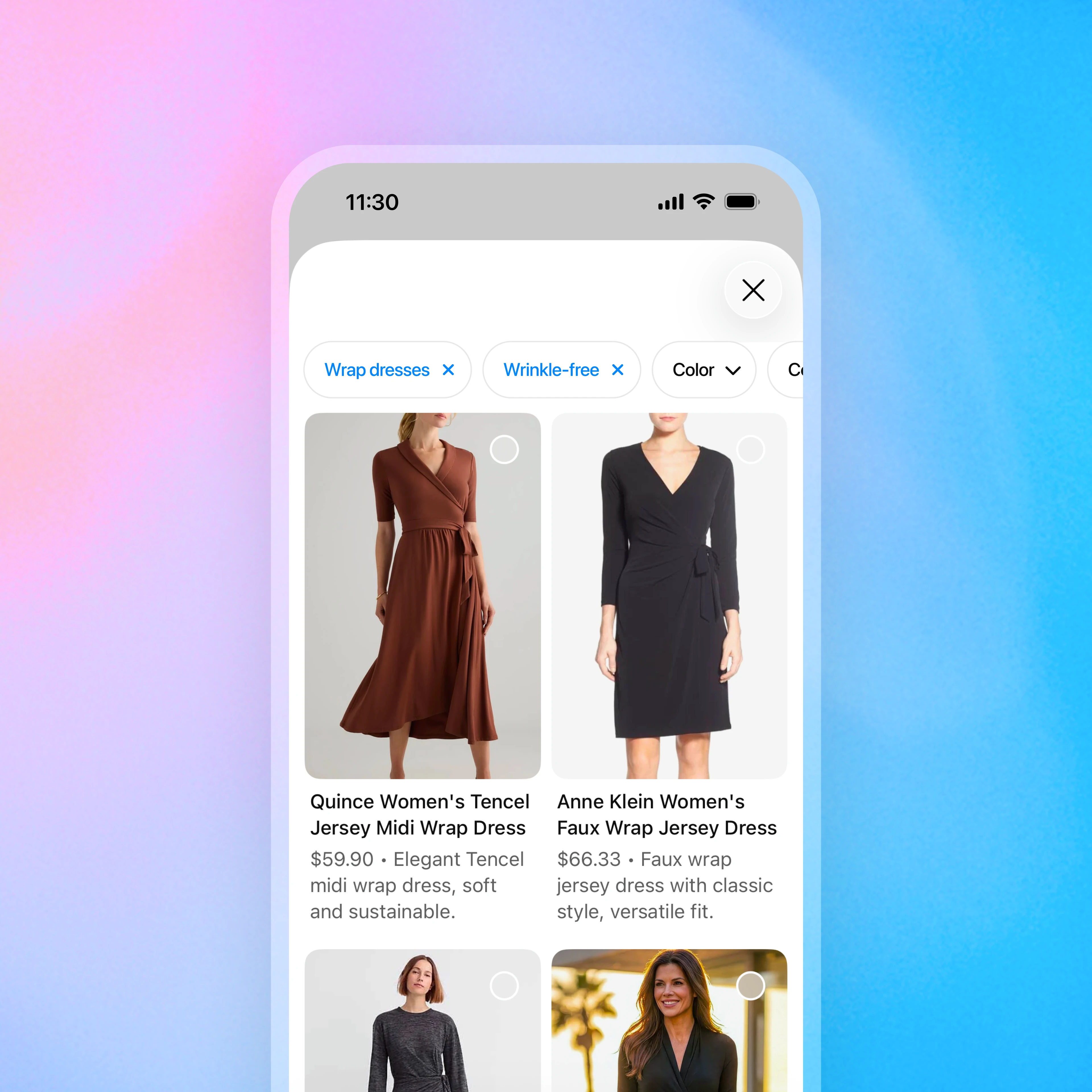 Mobile shopping interface showing filtered results for women’s wrap dresses, with tags like “Wrap dresses” and “Wrinkle-free,” and a grid of product cards displaying dress images, names, prices, and descriptions on a pink and blue gradient background.