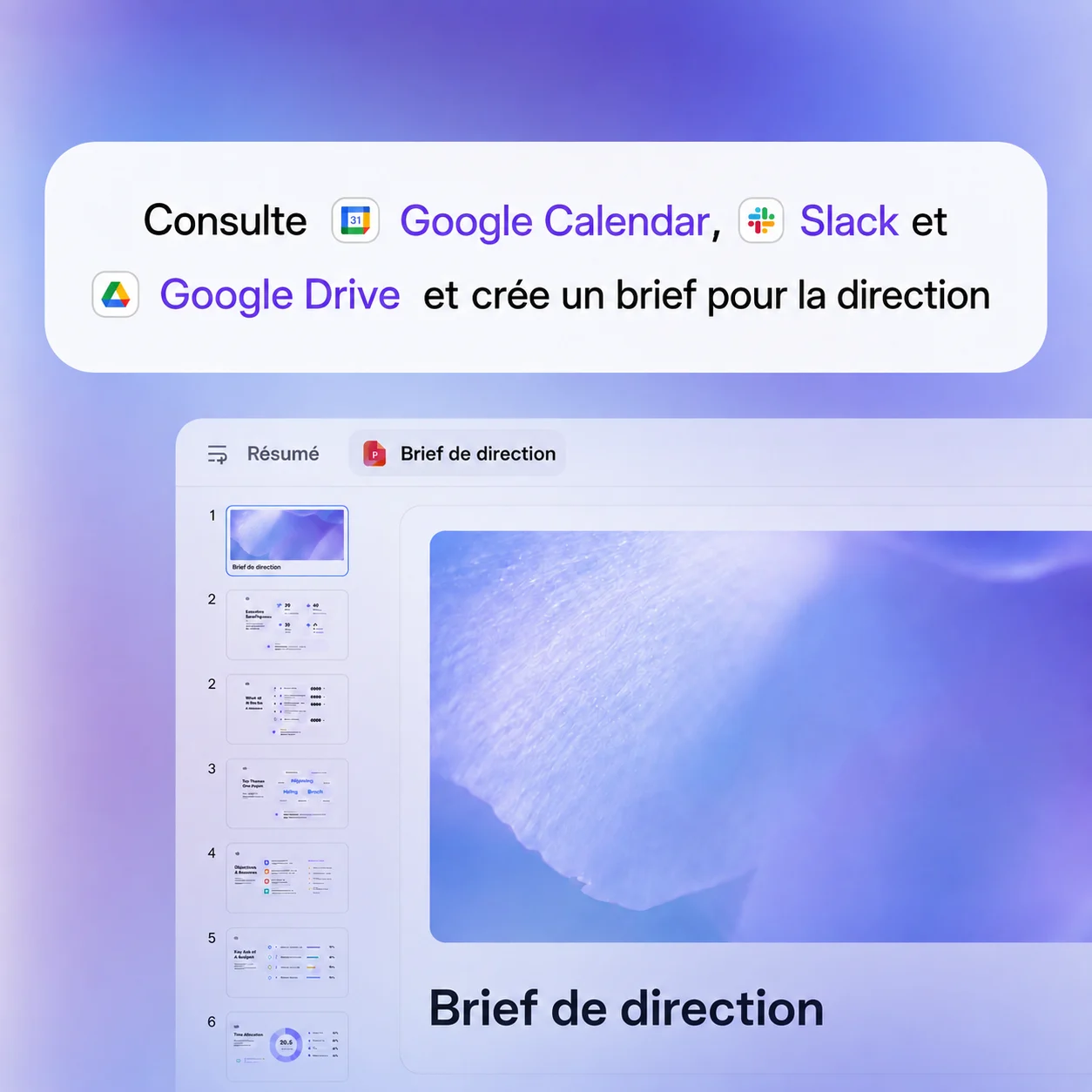 Capture d’écran montrant une commande permettant de créer une note de synthèse pour la direction à partir de Google Calendar, Slack et Google Drive, affichée par-dessus l’interface d’une application avec des aperçus des diapositives correspondantes.