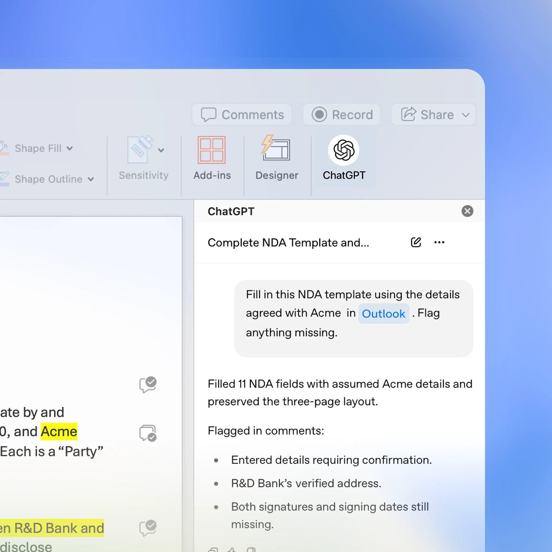 ChatGPT in Microsoft Word fills an NDA template and flags missing details in the sidebar.