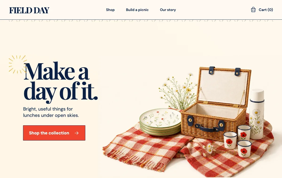 Field Day website preview with picnic products and the headline Make a day of it.