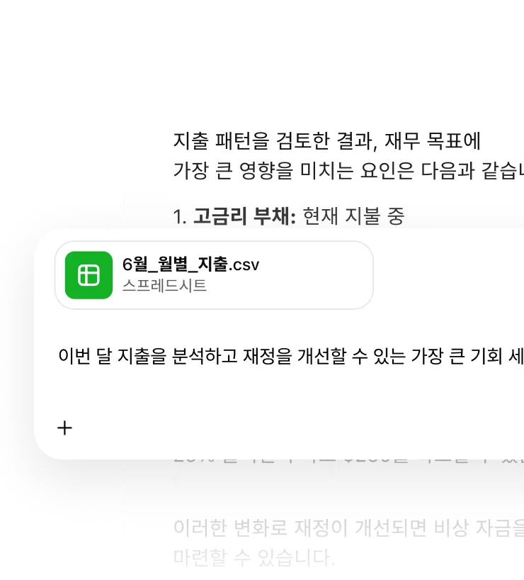 첨부된 'June_Monthly_Expenses.csv' 스프레드시트를 분석해 사용자의 재정 상태를 개선할 수 있는 가장 큰 기회 세 가지를 찾아 달라는 프롬프트.