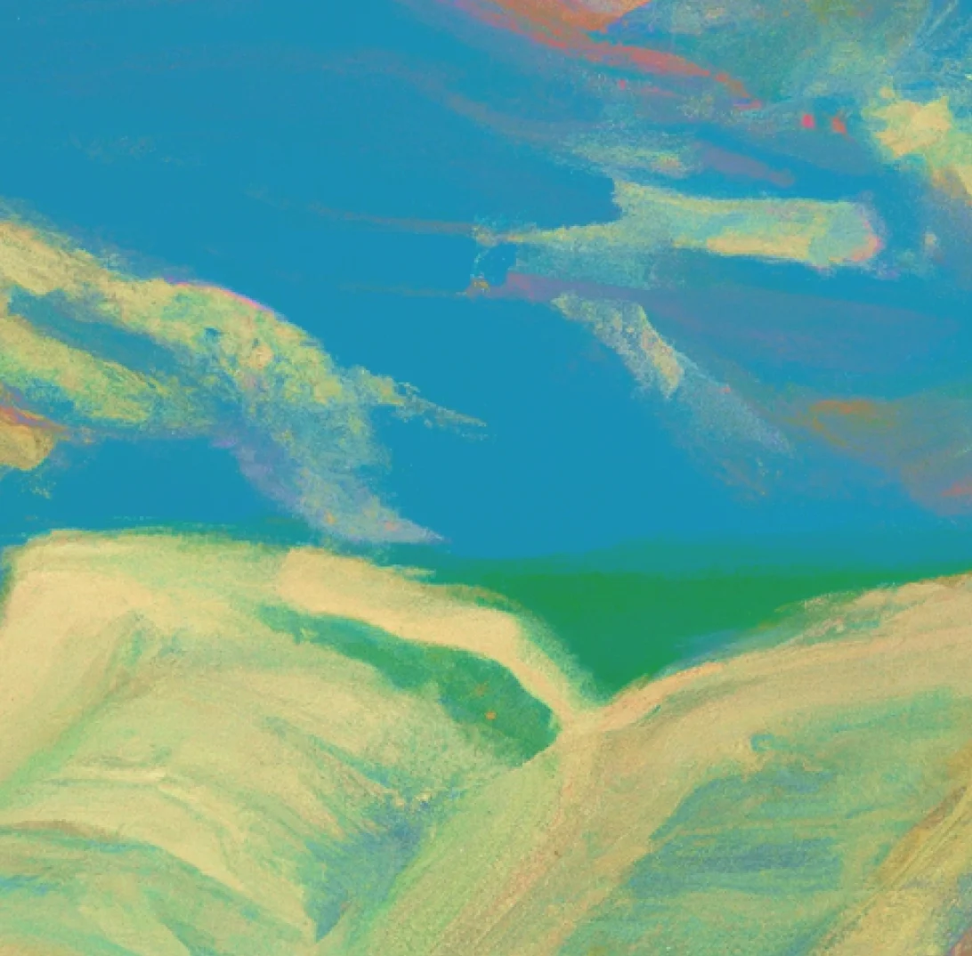 Ein abstraktes Gemälde mit einem leuchtend blauen Himmel mit zarten Wolkenschleiern über weichen, fließenden grünen und cremefarbenen Formen. Die Farben und Texturen rufen eine ruhige, natürliche Landschaft hervor, die an Felder oder Hügel unter einem hellen, weiten Himmel erinnert.