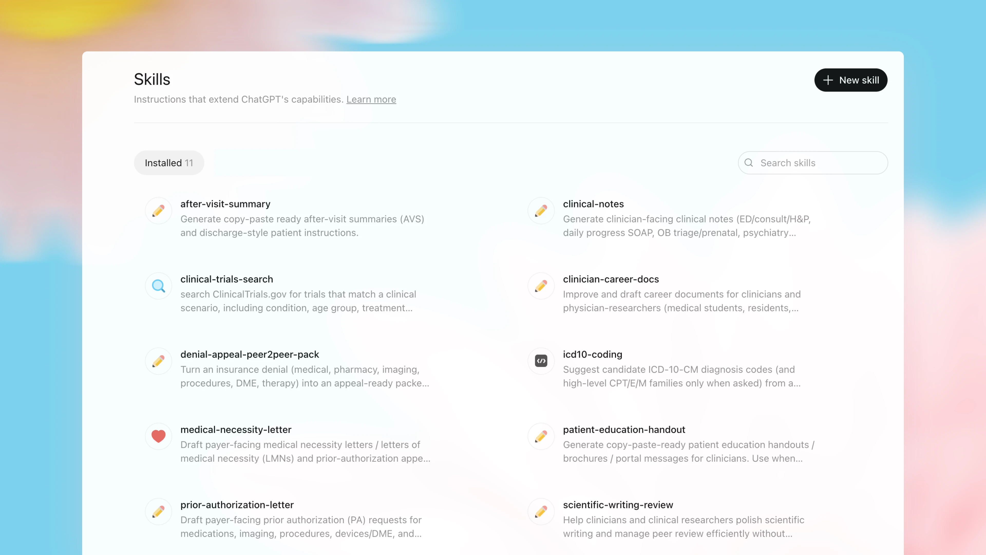 Skills for repeatable clinical workflows