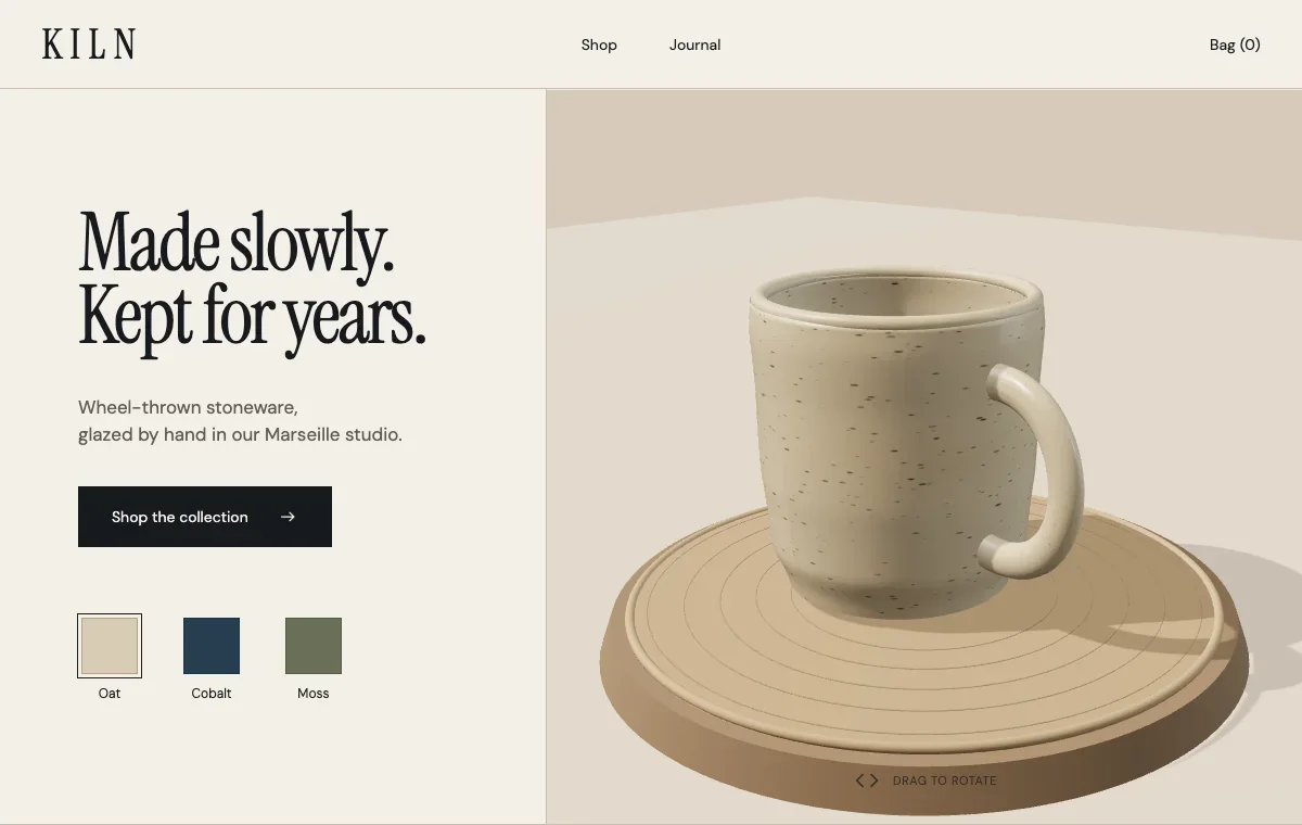 Kiln website preview with handmade stoneware and color swatches.