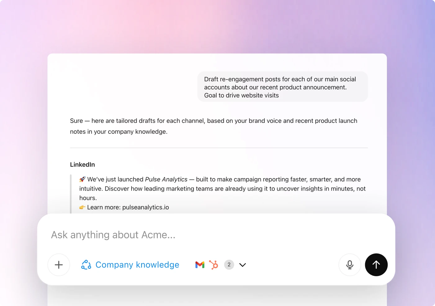 ChatGPT interface responding to a marketing prompt about drafting social posts for a new product launch, including a LinkedIn example post, with “Company knowledge” and Gmail integrations visible below the chat box.