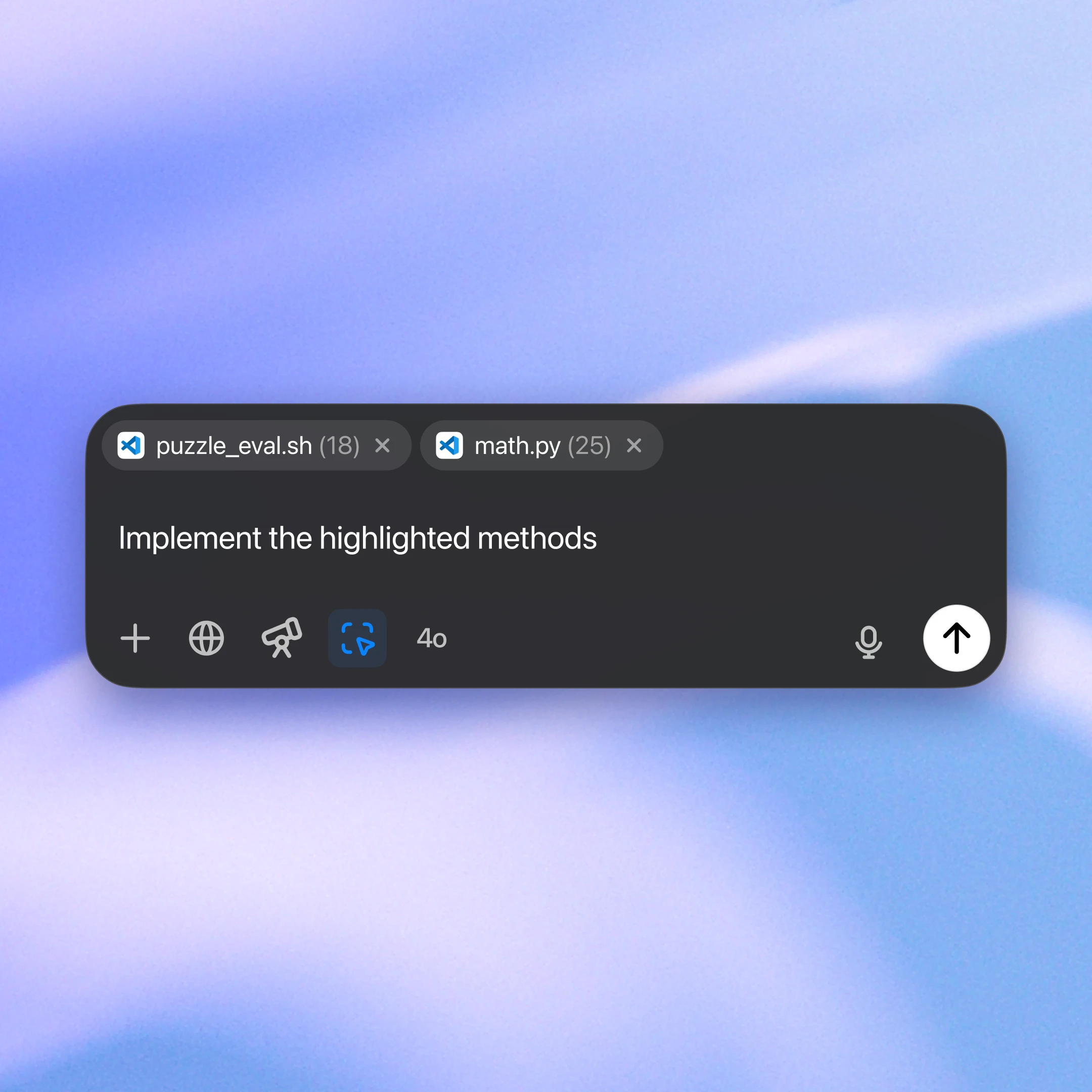 A dark-themed code editor interface displaying two open tabs, ‘puzzle_eval.sh’ and ‘math.py,’ with a message stating ‘Implement the highlighted methods.’ The background features a soft blue and purple gradient.