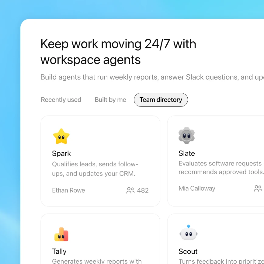 Screenshot of an AI agent workspace titled ‘Keep work moving 24/7 with agents,’ featuring a Team directory of shared agents for sales outreach, software review, reporting, and feedback routing.