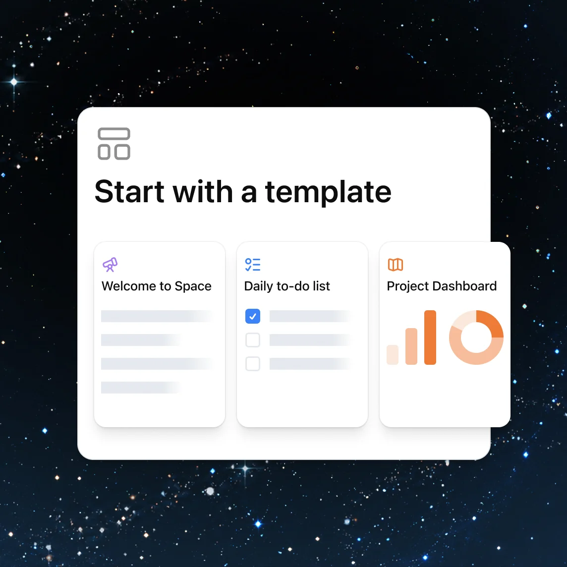 Template cards for Welcome to Space, a daily to-do list, and a project dashboard.