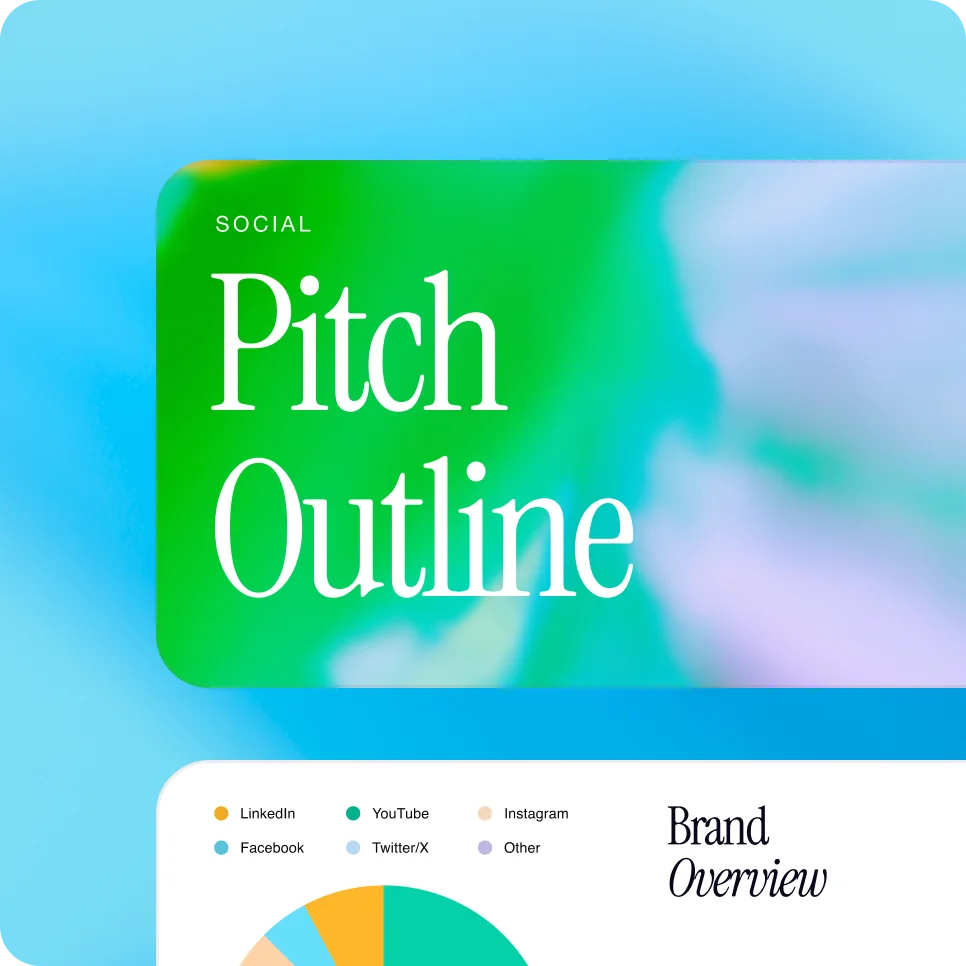 En ljus och färgglad presentationbild med titeln "Pitch Outline" i stor vit text på en grön och blå tonad bakgrund. Nedanför den visas ett cirkeldiagram och rubriken "Varumärkesöversikt" i en ofullständig vy av en annan bild.