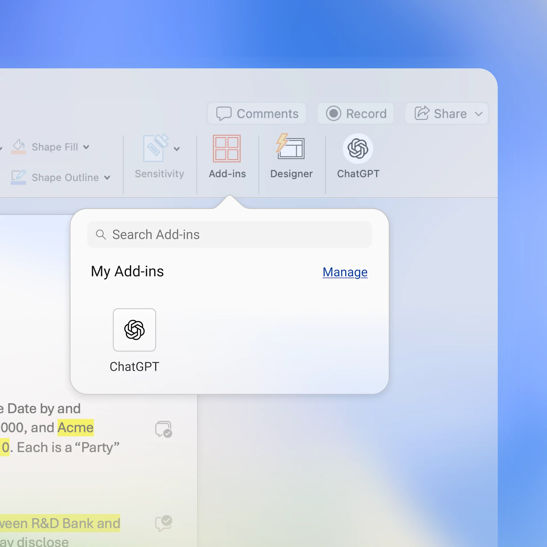 The ChatGPT add-in appears in the Microsoft Word Add-ins menu.