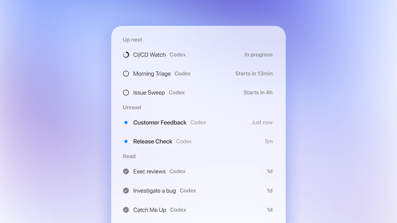 Codex interface showing an automation-style task flow with an inbox panel and generated work on a gradient background.