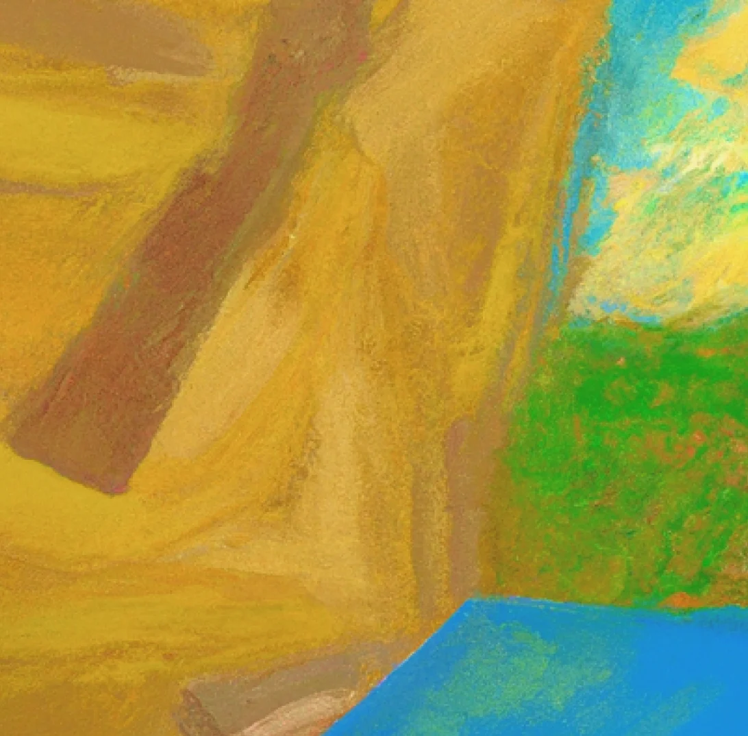 Ein abstraktes Gemälde in erdigen Gelb- und Brauntönen, akzentuiert durch einen leuchtend grünen Fleck und einen blauen Bereich, möglicherweise an ein Fenster oder einen Landschaftsausblick erinnernd. Die Farben und Formen erzeugen ein warmes, geerdetes Gefühl mit Anklängen an Natur und Himmel.