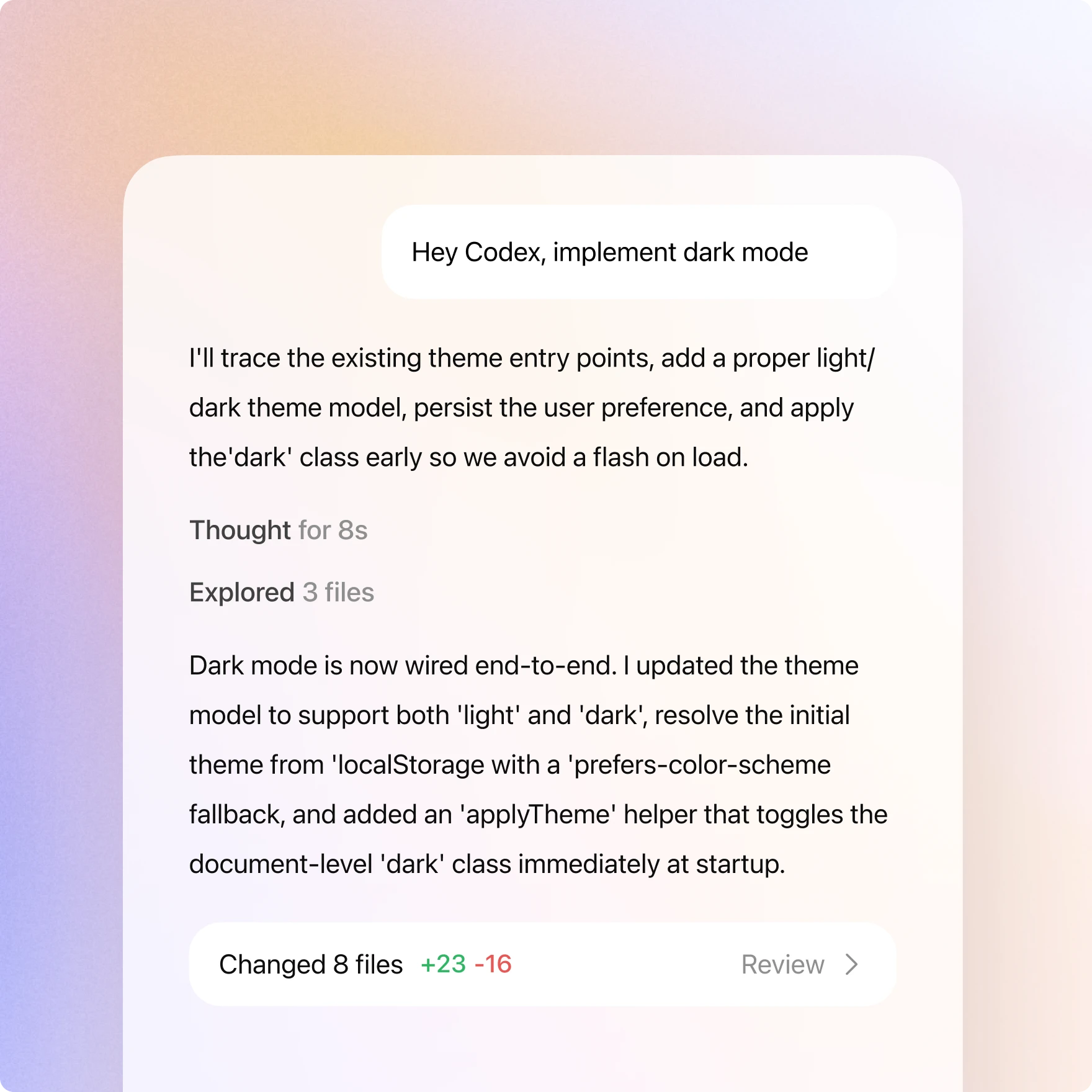 ChatGPT and Codex workspace showing a request to implement dark mode, Codex progress notes, and a reviewable change summary.