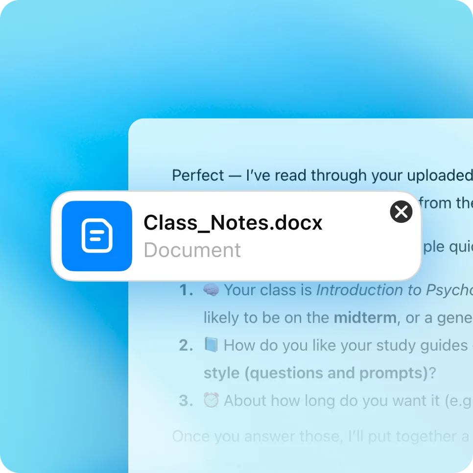 Ett ChatGPT-gränssnitt som visar en uppladdad fil med titeln "Class_Notes.docx". tillsammans med en blå dokumentikon. Bakgrunden innehåller suddig text som refererar till klassanteckningar och studievägledning över en ljusblå färggradient.