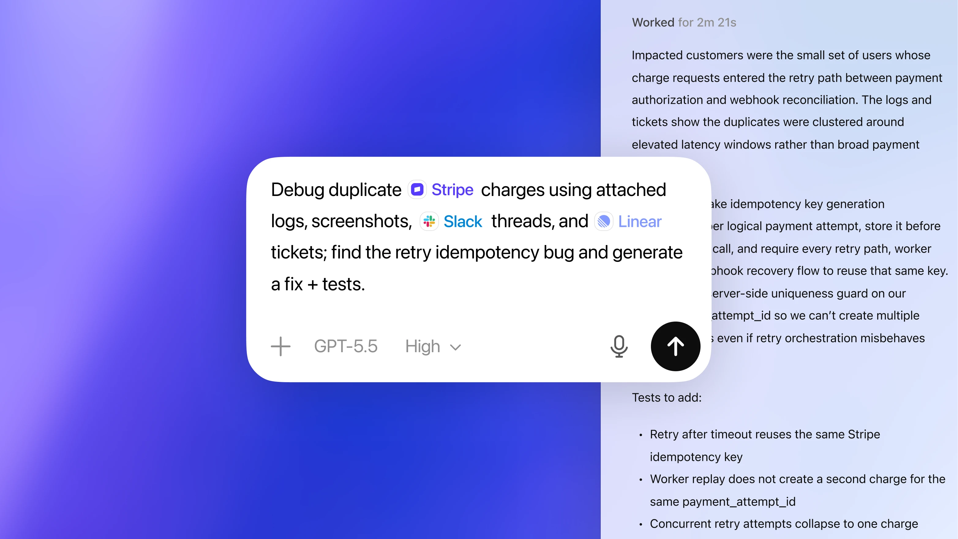 Text box on blue and light purple gradient background with text about debugging Stripe charges using logs, screenshots, Slack threads, and Linear tickets to find and fix a retry idempotency bug.