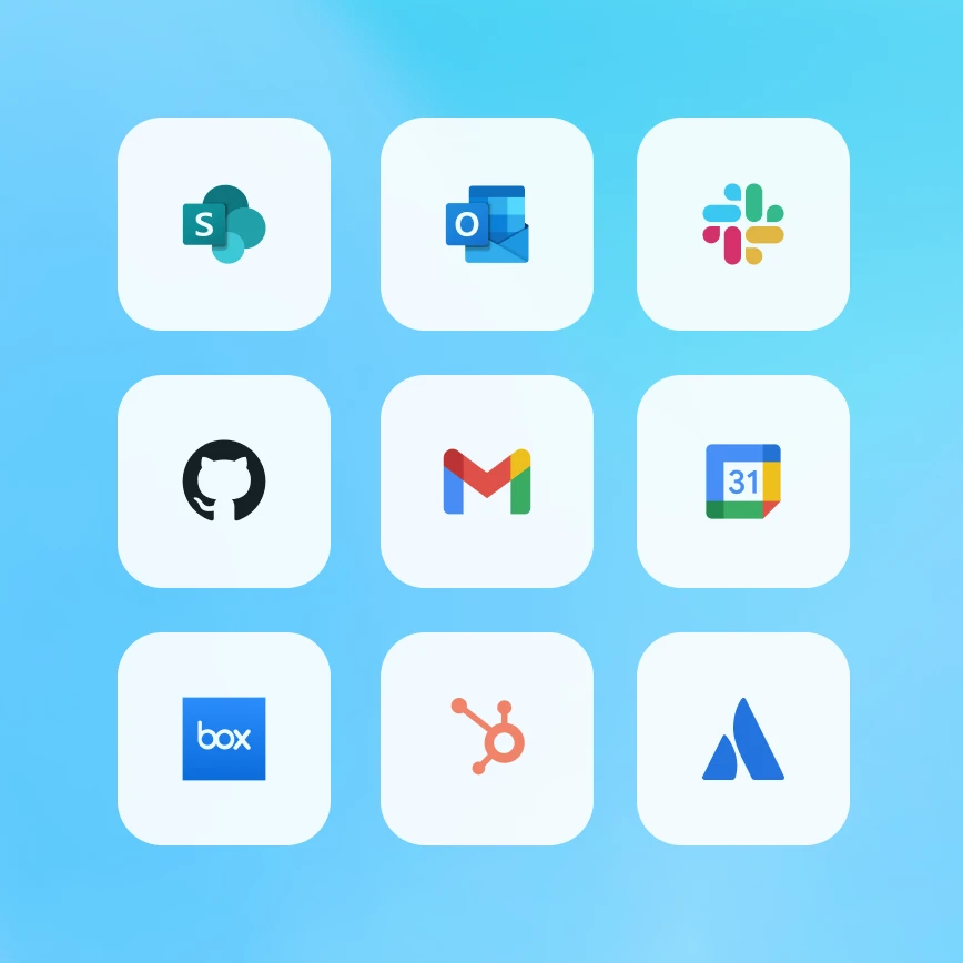 Grid interface displaying logos for connected apps and tools, including SharePoint, Outlook, Slack, GitHub, Gmail, Google Calendar, Box, HubSpot, and Atlassian.