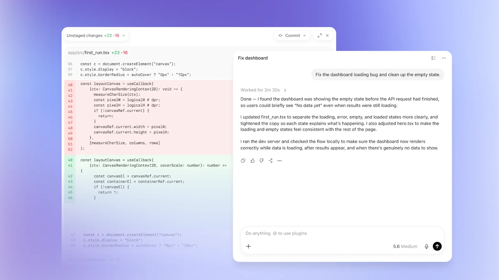 Codex task showing a dashboard update with an edited-files review panel on a purple gradient background.