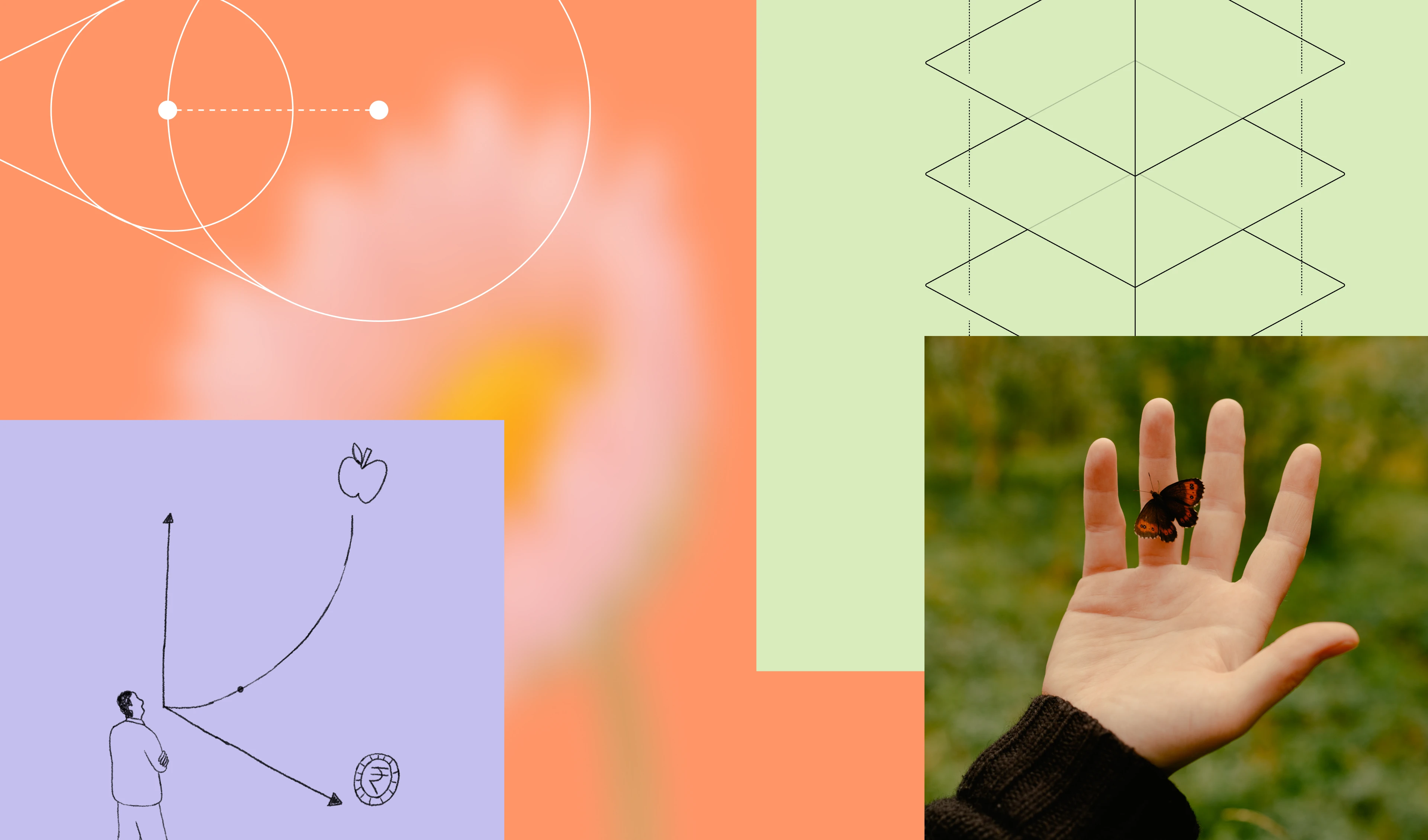 Abstract collage-style graphic combining design elements and imagery: geometric diagrams on pastel backgrounds, a hand-drawn chart with arrows pointing upward, and a photo of a hand with a butterfly resting on the fingers. The composition suggests ideas, growth, and exploration across academic themes.