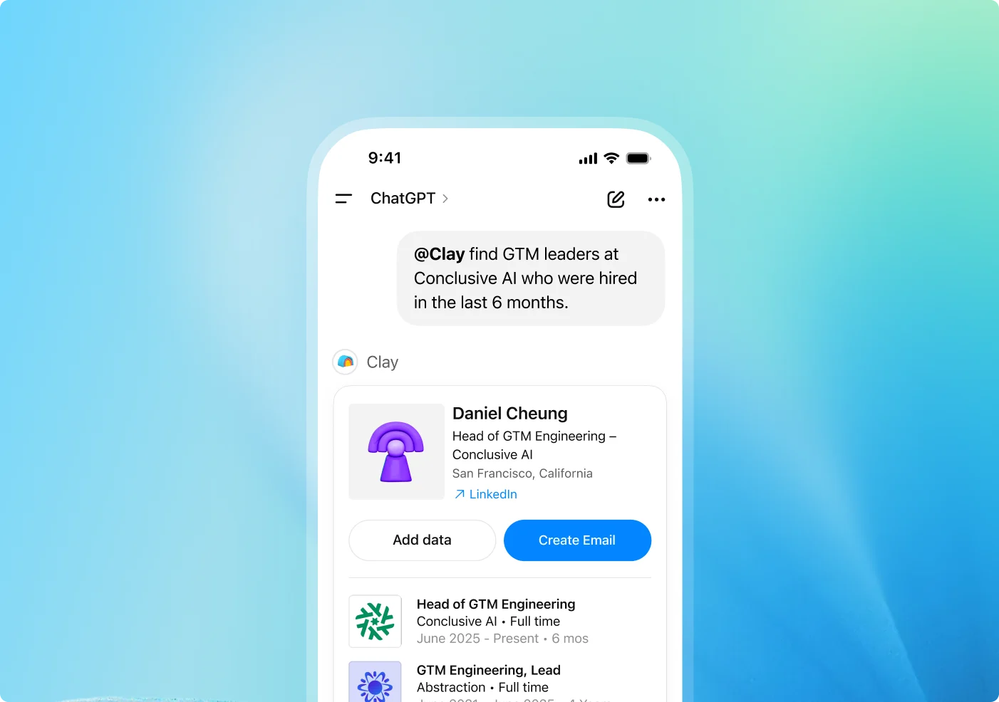 ChatGPT integrated with Clay, identifying recently hired go-to-market leaders at a specific company and preparing outreach actions.