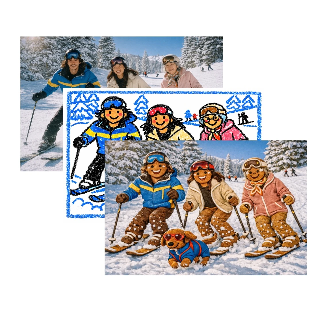 A collage showing skiers transformed into illustrated styles.